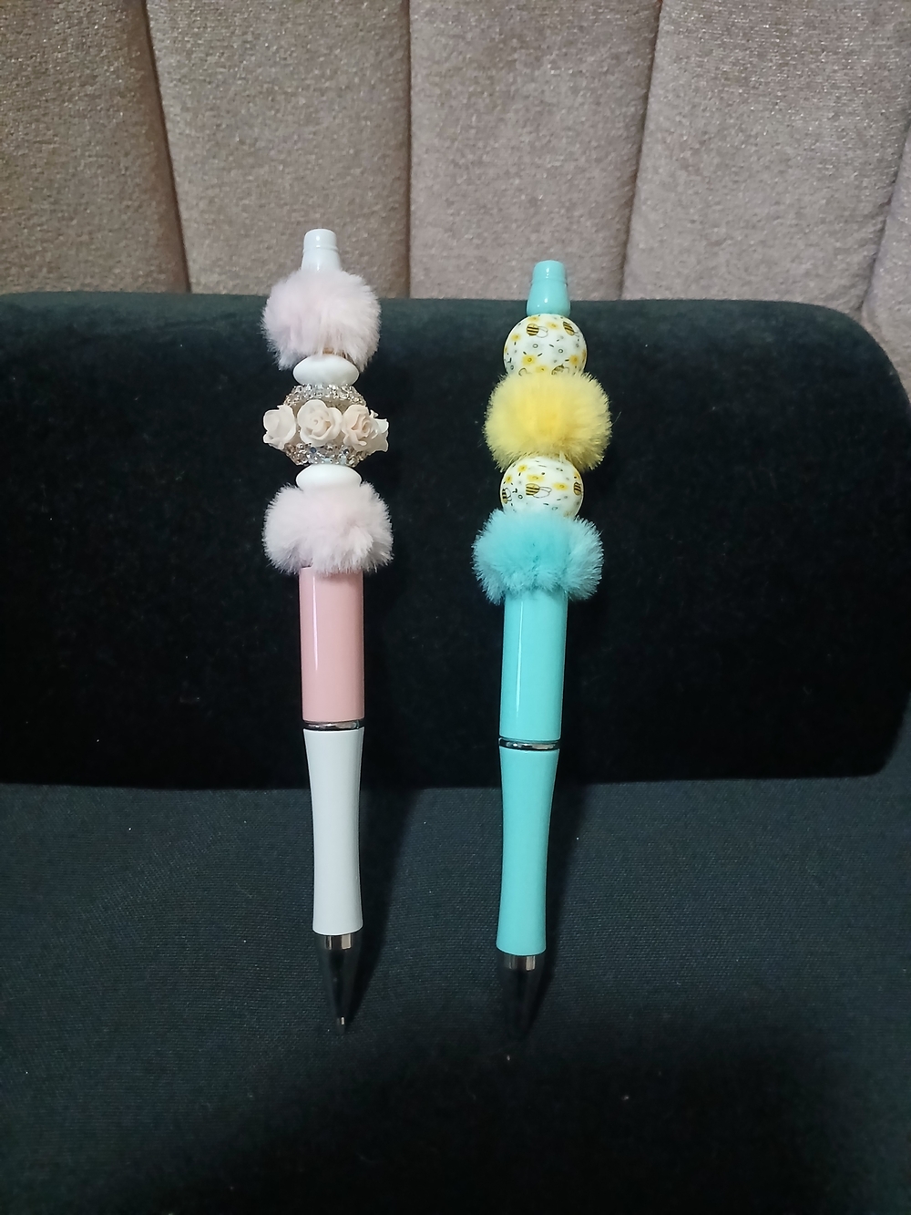 Set of 2 Decorative Pom Pom Beaded Pens - Pink & Mint